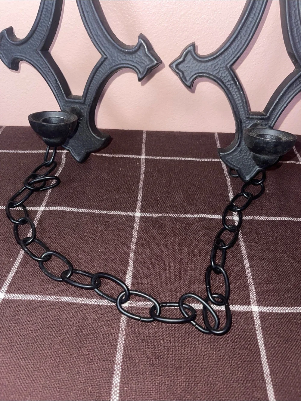 Vintage Gothic Spanish Revival Candle Sconce Pair With Chain